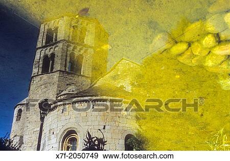 Church of Sant Pere de Galligants monastery, (12th-13th centuries), reflected in water. Girona. Catalonia, Spain. View Large Photo Image Stock Photo - Church of Sant Pere de Galligants monastery, (12th-13th centuries), reflected in water. Girona. Catalonia, Spain.. Fotosearch