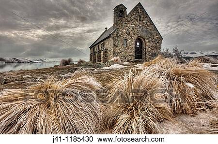 Church of the Good Shepherd, frosted tussock grass in winter, Lake Tekapo, Canterbury, New Zealand. View Large Photo Image Stock Image - Church of the Good Shepherd, frosted tussock grass in winter, Lake Tekapo, Canterbury, New Zealand.. Fotosearch