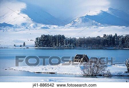 Stock Image - Church of the Good Shepherd winter Lake Tekapo South Island New Zealand. Fotosearch