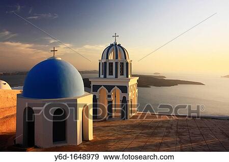 Churches at Sunset, Firostefani, Santorini, Cyclades, Greece View Large Photo Image Stock Photo - Churches at Sunset, Firostefani, Santorini, Cyclades, Greece. Fotosearch