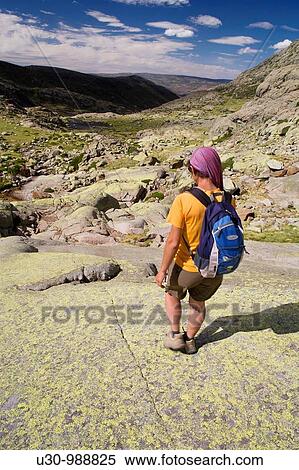 Cinco Lagunas Valley Garganta del Pinar Woman practice mountaineering in the mountains of the Sierra de Gredos National Park Zapardiel de la Ribera? vila Castilla y Le? n Spain View Large Photo Image Stock Photography - Cinco Lagunas Valley Garganta del Pinar Woman practice mountaineering in the mountains of the Sierra de Gredos National Park Zapardiel de la Ribera? vila Castilla y Le? n Spain. Fotosearch
