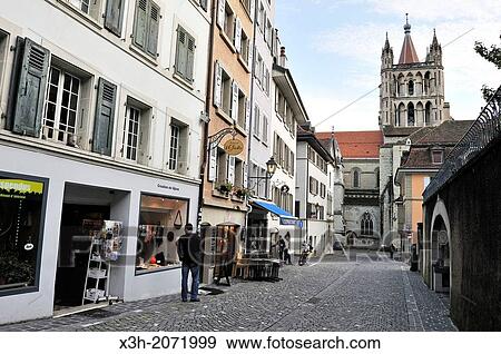 Cite-Devant cobbled street with the Cathedral of Notre Dame in background, Lausanne, Canton of Vaud, Switzerland, Europe. View Large Photo Image Stock Photo - Cite-Devant cobbled street with the Cathedral of Notre Dame in background, Lausanne, Canton of Vaud, Switzerland, Europe.. Fotosearch
