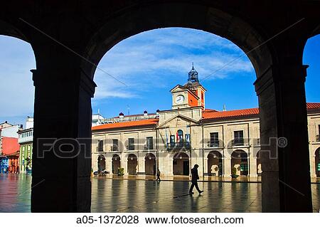 Stock Photo - City hall in Plaza de Espaa Spain Square Aviles Asturias Spain.. Fotosearch