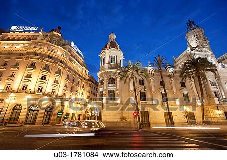 Picture - City Hall of Valencia at dusk, Spain. Fotosearch