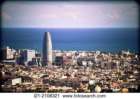 Stock Image - Cityscape, Agbar Tower by Jean Nouvel. Barcelona, Catalonia, Spain.. Fotosearch