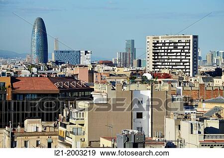 Cityscape. View of the city. Buildings and houses stacked. Agbar tower. 22@ district skyline. Barcelona, Catalonia, Spain. View Large Photo Image Stock Photo - Cityscape. View of the city. Buildings and houses stacked. Agbar tower. 22@ district skyline. Barcelona, Catalonia, Spain.. Fotosearch