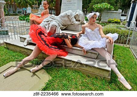Stock Photograph - Classic ballerina at the San Pedro Cemetey in Medellin, declared monument in 1999.. Fotosearch