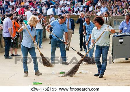 Stock Photography - cleaning of the track, palio of siena, siena, tuscany, italy, europe. Fotosearch