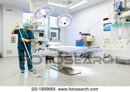 Stock Photography - Cleaning, Surgery, Operating room, Onkologikoa Hospital, Oncology Institute, Case Center for prevention, diagnosis and treatment of cancer, Donostia, San Sebastian, Gipuzkoa, Basque Country, Spain. Fotosearch