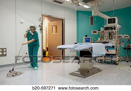Stock Image - Cleaning traumatology operation room. Hospital de Zumarraga, Gipuzkoa, Euskadi, Spain. Fotosearch