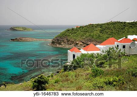 Stock Image - Cliff top properties with spectacular Caribbean views Mont Jean St Barts. Fotosearch