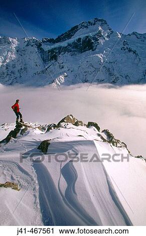 Climber under Mt. Sefton. Above cloud. Filled Mueller Glacier. Mt. Cook National Park. New Zealand. View Large Photo Image Stock Image - Climber under Mt. Sefton. Above cloud. Filled Mueller Glacier. Mt. Cook National Park. New Zealand.. Fotosearch