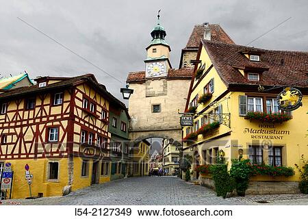 Clock Tower Street Arch Rothenburg Germany DE Franconia Bavaria. View Large Photo Image Stock Photo - Clock Tower Street Arch Rothenburg Germany DE Franconia Bavaria.. Fotosearch