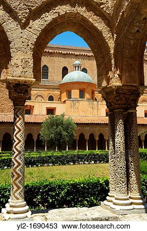 Cloisters with decorated coloumns of Monreale Cathedral - Palermo - Sicily View Large Photo Image Stock Image - Cloisters with decorated coloumns of Monreale Cathedral - Palermo - Sicily. Fotosearch