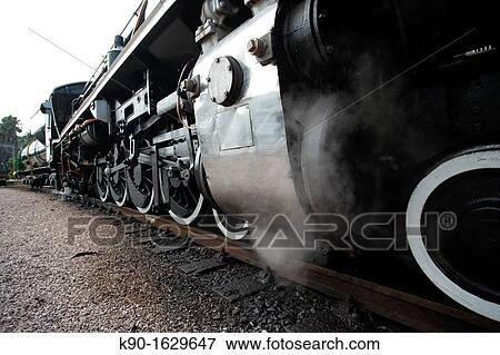 Close-up of a historic steam engine seen from worm's perspective, at the Rovos Rail station, Pretoria, South Africa View Large Photo Image Stock Photo - Close-up of a historic steam engine seen from worm's perspective, at the Rovos Rail station, Pretoria, South Africa. Fotosearch