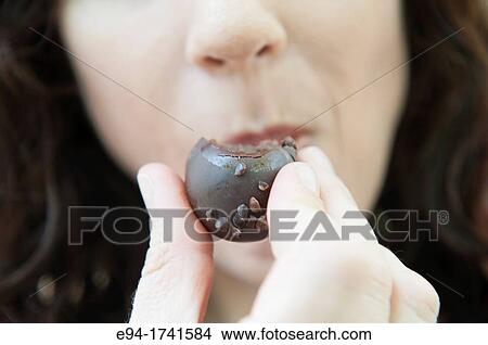 Close up of a woman holding a chocolate truffle in front of her mouth View Large Photo Image Picture - Close up of a woman holding a chocolate truffle in front of her mouth. Fotosearch