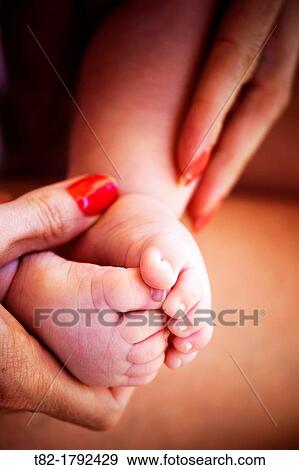 close-up of baby feet on the hands of a woman View Large Photo Image Stock Photo - close-up of baby feet on the hands of a woman. Fotosearch