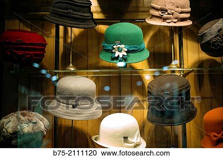 Close up of hats in showcase in a hat shop in the Gothic neighborhood of Barcelona, Spain, Europe. View Large Photo Image Stock Image - Close up of hats in showcase in a hat shop in the Gothic neighborhood of Barcelona, Spain, Europe.. Fotosearch