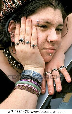 close up of teenage girl with studs, rings, spikey neckpiece looking rather bemused View Large Photo Image Stock Image - close up of teenage girl with studs, rings, spikey neckpiece looking rather bemused. Fotosearch