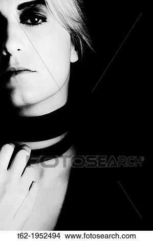Picture - Close-up young woman beautiful face. Black and White.. Fotosearch