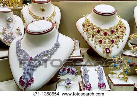 Closeup view of jewelry displayed in window boxes at the Gold Souq in Dubai, UAE View Large Photo Image Picture - Closeup view of jewelry displayed in window boxes at the Gold Souq in Dubai, UAE. Fotosearch