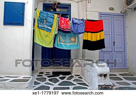 clothes hanging, Chora, Mykonos, Greece View Large Photo Image Stock Photo - clothes hanging, Chora, Mykonos, Greece. Fotosearch