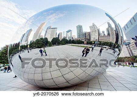 Cloud Gate Sculpture or The Bean with downtown skyline reflected in polished surface Millennium Park in Chicago USA. View Large Photo Image Stock Photograph - Cloud Gate Sculpture or The Bean with downtown skyline reflected in polished surface Millennium Park in Chicago USA.. Fotosearch