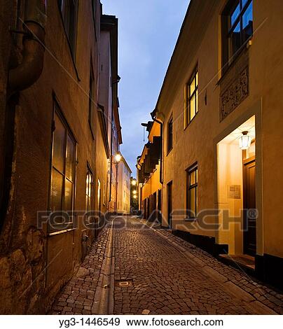 Stock Photo - Cobble stone street of old town gamla stan, Stockholm, Sweden. Fotosearch