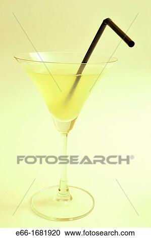 Stock Image - cocktail with black plastic straw, mojito. Fotosearch