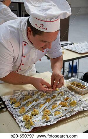 Stock Photo - Codfish, preparing canapes, Divinus Catering, San Sebastian, Donostia, Gipuzkoa, Basque Country. Fotosearch