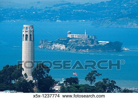 Picture - Coit tower on Telegraph hill, Alcatraz island in San Francisco bay. Fotosearch