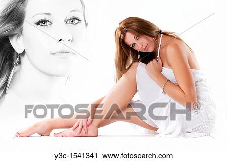 Stock Image - Collage of beautiful young woman in white summer dress. Fotosearch