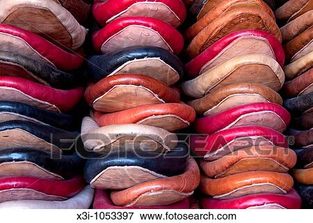 Collection of colourful slippers in the medina of Fes View Large Photo Image Stock Photo - Collection of colourful slippers in the medina of Fes. Fotosearch