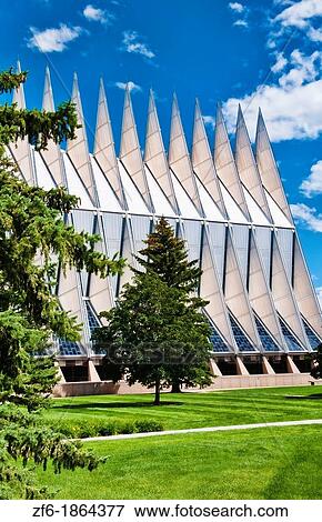 Colorado Springs Colorado Air Force Academy famous Chapel Church exterior with peaks and clouds View Large Photo Image Stock Photo - Colorado Springs Colorado Air Force Academy famous Chapel Church exterior with peaks and clouds. Fotosearch