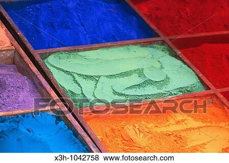 Stock Photo - colored dyeing powder, Nepal, Himalaya, South Asia. Fotosearch