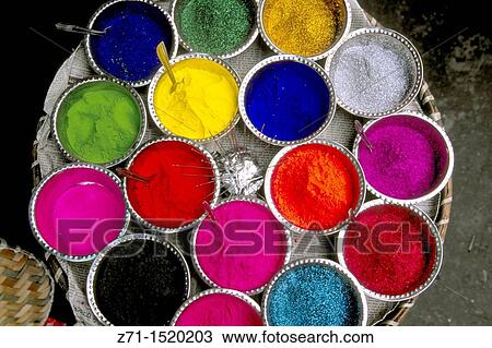 Stock Image - Colored powders for Holi Festival in market, Kalimpong, West Bengal, India. Fotosearch