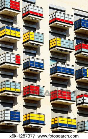 Stock Photo - Colorful balconies in residential building. Tarragona, Catalonia, Spain.. Fotosearch