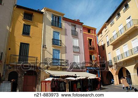 Stock Image - Colorful buildings. Place du 18 Juin, Collioure, Roussillon, Oriental Pyrinees, France, Europe. Fotosearch