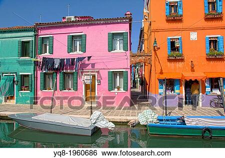 Stock Photograph - Colorful houses and canals of Burano island, Venice, Venetia, Italy, Europe.. Fotosearch