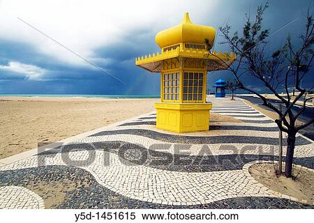 Stock Photography - colorful kiosks in Foz do Arelho, kiosks and very special pavements patterns are really very exclusive for this charming little town, this street leads directly to the Atlantic Ocean beach, just steps to the beach, Silver Coast, Portugal. Fotosearch
