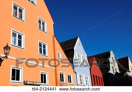 Stock Image - Colorful Old Houses at the theater square in Memmingen. Fotosearch