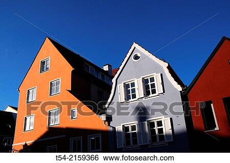 Stock Photograph - Colorful Old Houses at the theater square in Memmingen. Fotosearch