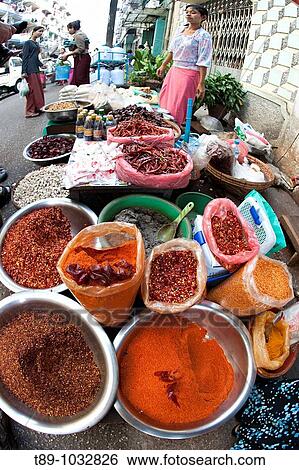 Colorful spices at vegetable market in Yangon, Myanmar. View Large Photo Image Stock Photograph - Colorful spices at vegetable market in Yangon, Myanmar.. Fotosearch