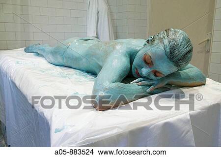 Picture - Colour energy, turquoise wrap body treatment in spa, Lierganes. Pas-Miera, Cantabria, Spain. Fotosearch