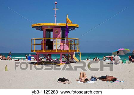 Colourful Art Deco Lifeguard Huts, South Beach, Miami, USA View Large Photo Image Stock Photo - Colourful Art Deco Lifeguard Huts, South Beach, Miami, USA. Fotosearch