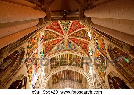 Stock Image - colourful ceiling of the catholic Almudena Cathedral Santa Maria la Real de La Almudena in Madrid, Spain, Europe.. Fotosearch