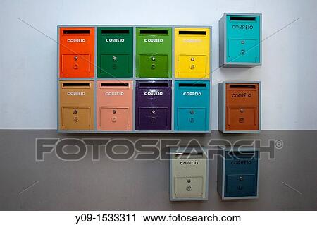 Stock Image - Colourful mailboxes, Lisbon, Portugal. Fotosearch