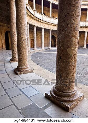 Columnas en el patio circular del Palacio Real de Carlos V en la Alhambra de Granada, obra de Luis Machuca, de estilo renacentista - Andaluc? a - Espaa View Large Photo Image Stock Image - Columnas en el patio circular del Palacio Real de Carlos V en la Alhambra de Granada, obra de Luis Machuca, de estilo renacentista - Andaluc? a - Espaa. Fotosearch