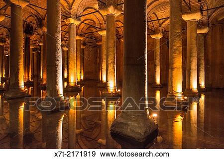 Columns in the Yerebatan underground Cistern near the Hippodrome, Sultanahmet, Istanbul, Turkey. View Large Photo Image Stock Photo - Columns in the Yerebatan underground Cistern near the Hippodrome, Sultanahmet, Istanbul, Turkey.. Fotosearch