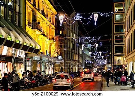 Commercial street - Rue du Rhone at night, Christmas season, Geneva, Switzerland, Europe View Large Photo Image Stock Photo - Commercial street - Rue du Rhone at night, Christmas season, Geneva, Switzerland, Europe. Fotosearch